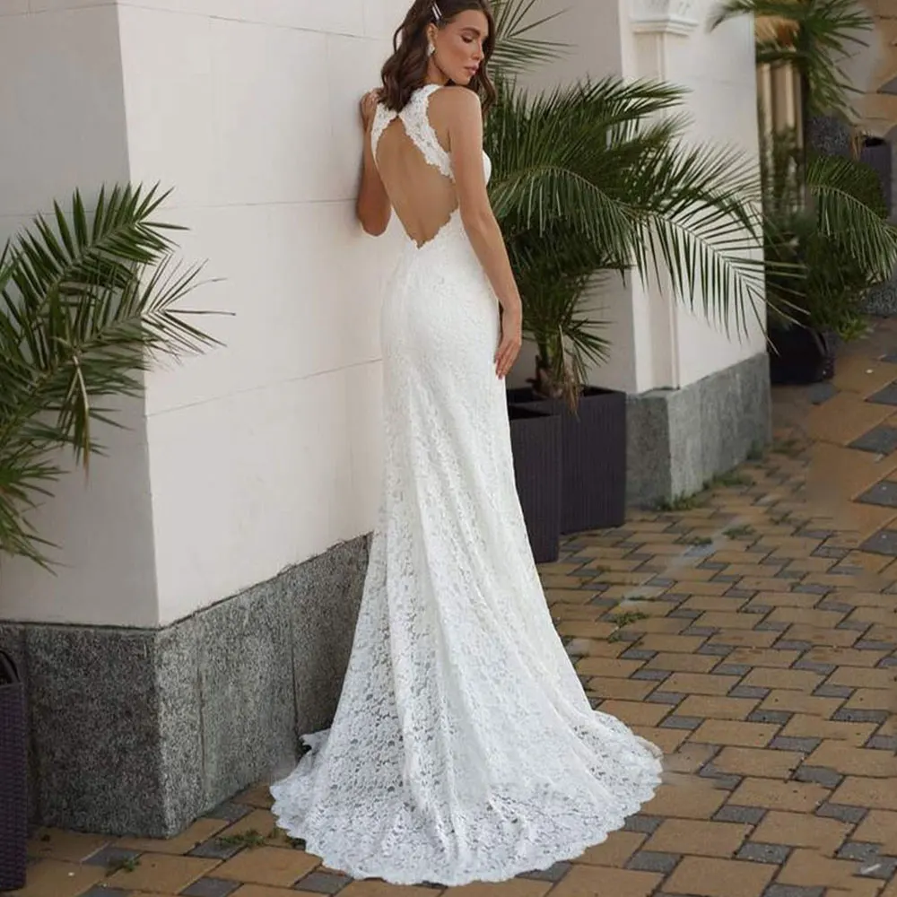 Elegant Lace Applique Halter Mermaid Wedding Dresses 2022 For Women Custom Sexy Front Slit Backless Puff Sleeve Bridal Dress