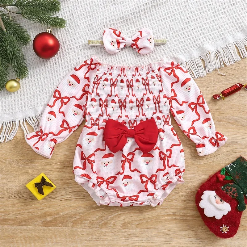 

SUNSIOM 0-18 Months Baby Girls Christmas Romper Bow Santa Claus Print Long Sleeve Jumpsuits and Cute Headband Set for Infant