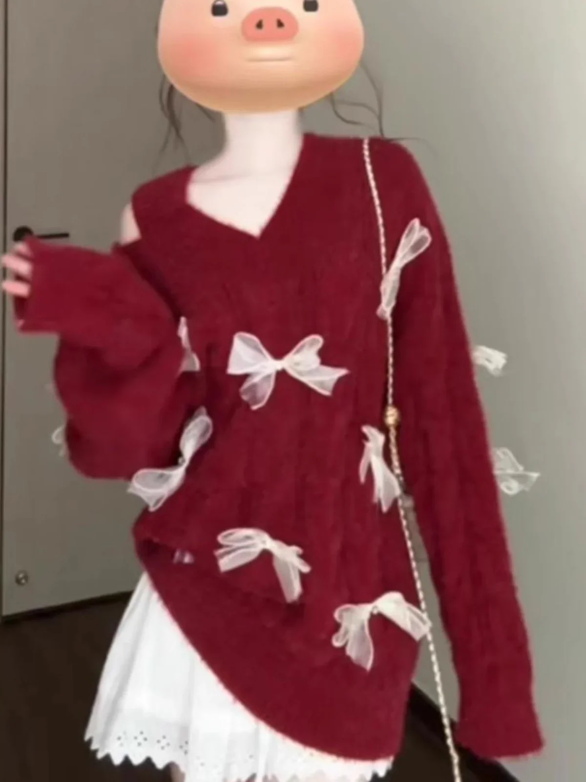 Sweet Soft Glutinous Off Shoulder Red Bow V-neck Sweater Women Clothing Autumn/Winter Minority Slouchy Knit Pullovers Women Tops