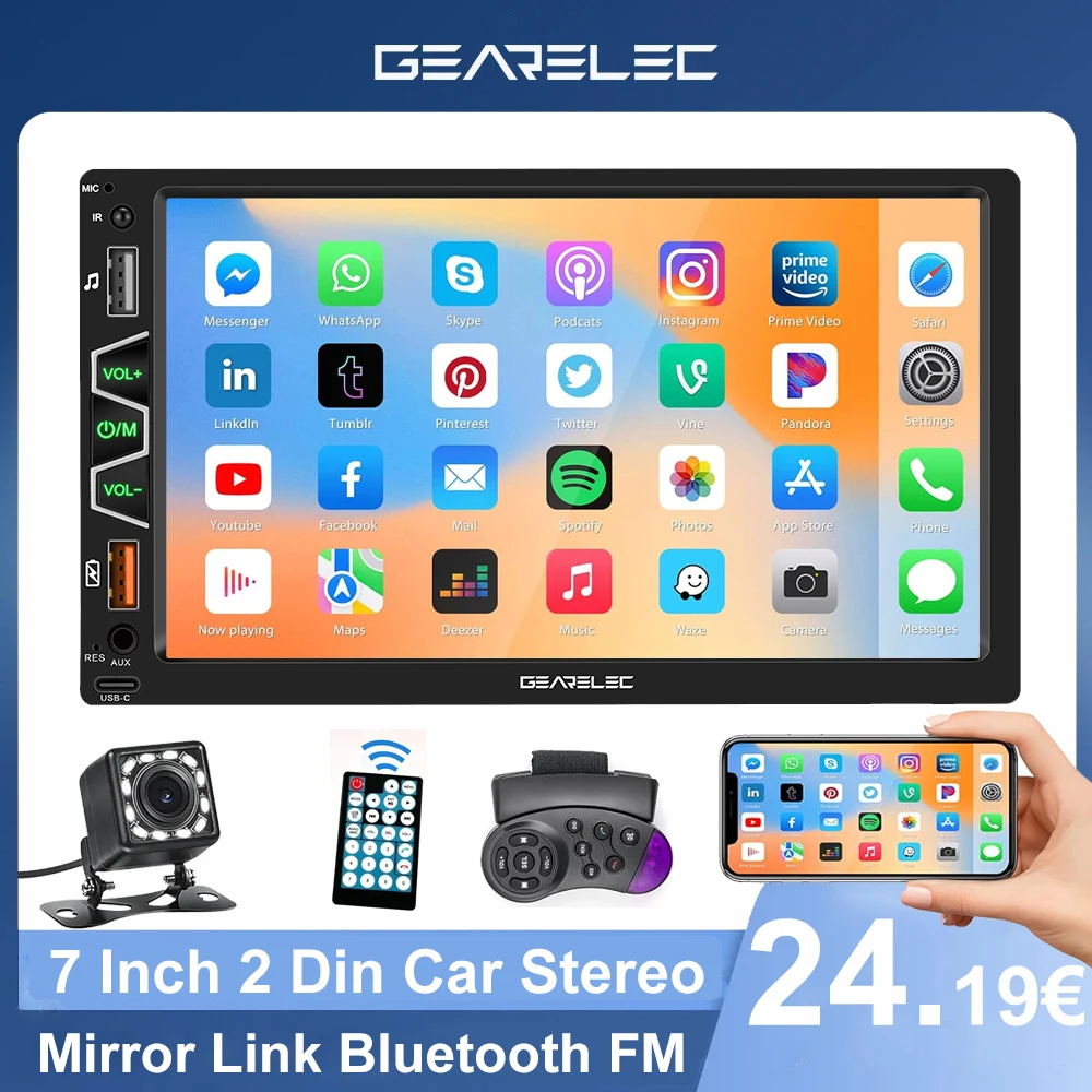 2 Din Car Stereo MP5 Player Car Radio 7 Inch Multimedia Player 12v Support Bluetooth Screen Mirroring USB TF AUX-In Receiver