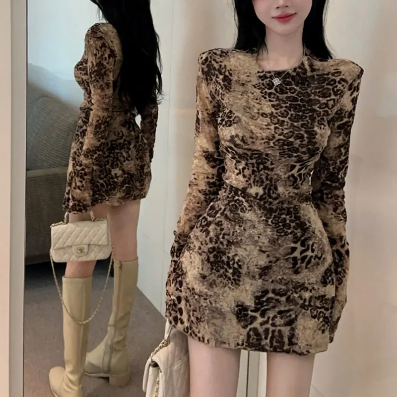 American Retro Leopard Mini Dress Female Clothing Waist Slim Spring Autumn Long Sleeve Printed Elegant Bag Hip Hotsweet Dresses