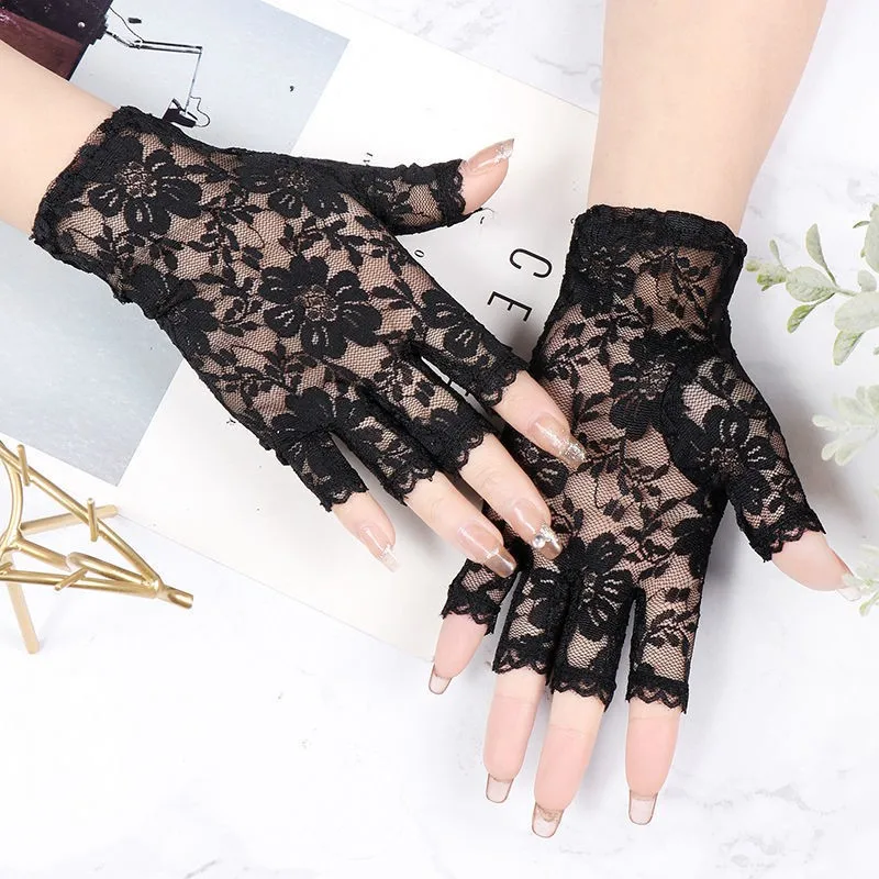 Black Fingerless Sexy Lace Gloves Women Sun Protection Gloves Women Driving Mittens For Bride Ladies Half Finger Fishnet Gloves