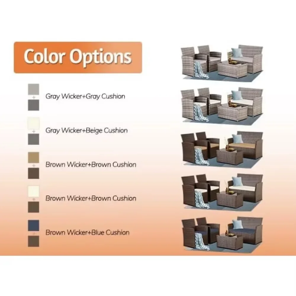 4 Piece Patio Furniture Set,Outdoor Wicker Conversation Sets,Rattan Sectional Sofa Set with Glass Top Table & Weather-Resistant