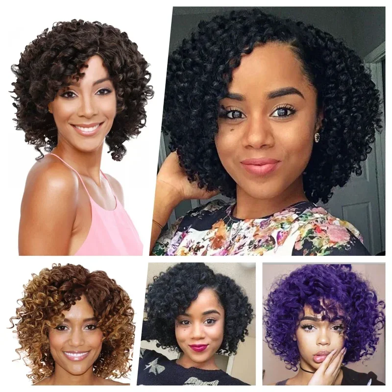 GNIMEGIL Short Afro Kinky Curly Wig Synthetic Ombre Brown Blonde Wigs for Women Side Part Bob Wigs Heat Resistant Natural Hair