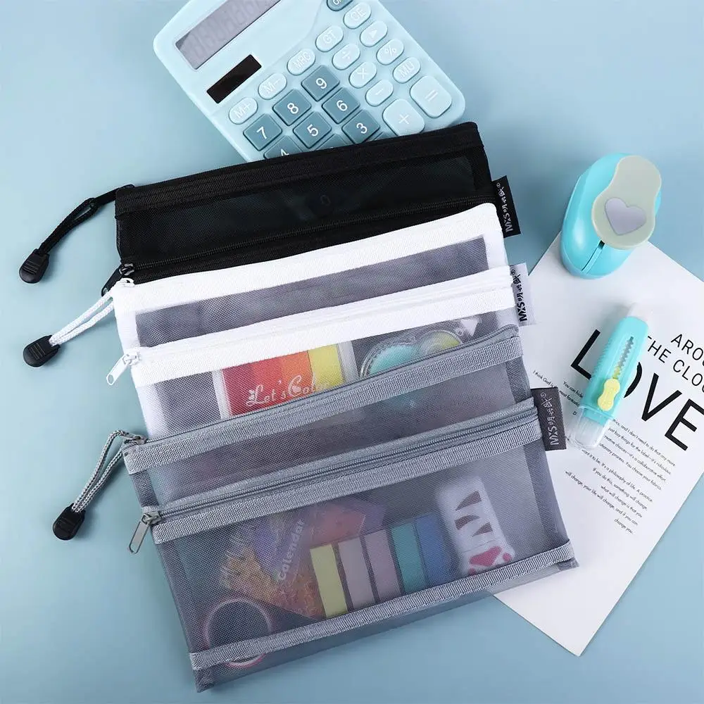 

Nylon Pencil Case Pen Box Large Capacity File Folder Double Mesh Pencil Bag Cosmetic Storage Bag School Stationery Supplies
