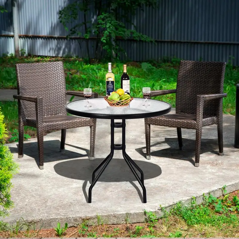 

32 Inch Outdoor Patio Round Tempered Glass Top Table with Umbrella Hole