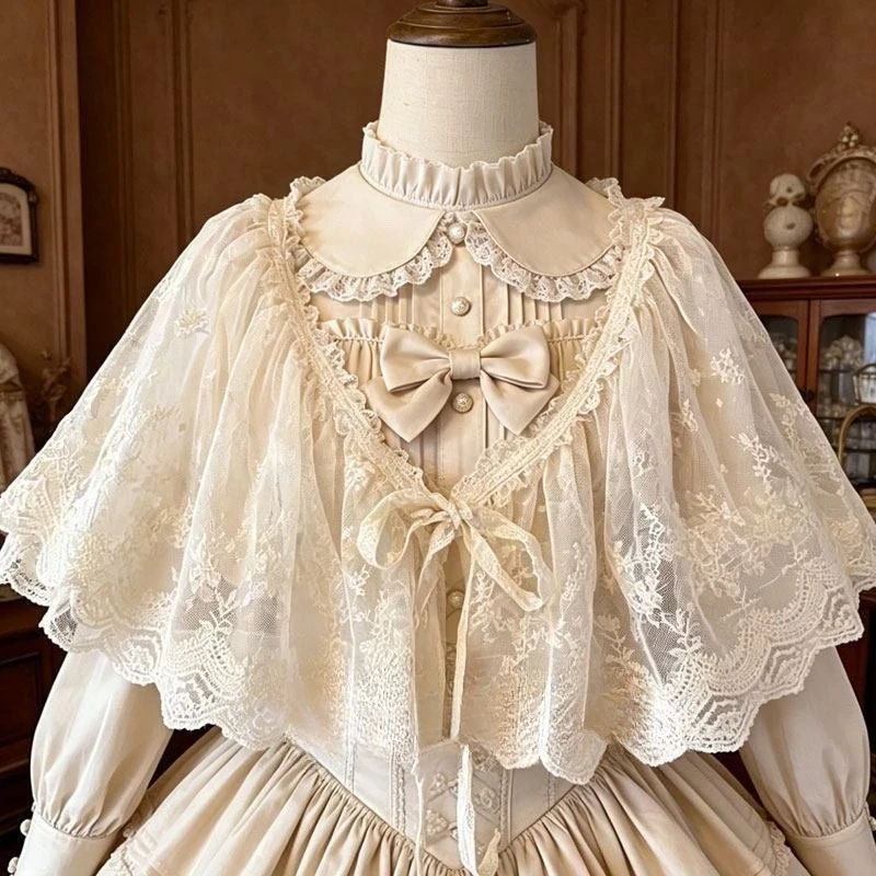 Japanese Retro Women Blouse Lace Shawl Embroidery Doll Collar Drawstring Loose Kawaii Casual All Match Ladies Shirt - view 3