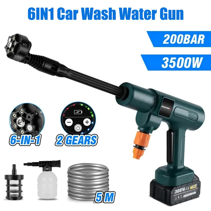 Brushless 200Bar 3500W High Pressure Washer 6in1 Electric Car Wash Water Gun For Makita 18V Battery Garden Irrigation Spray Gun