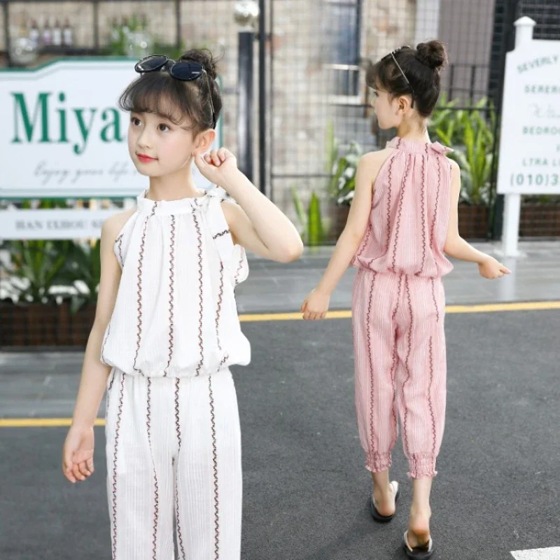 2024 Girls Suits Suspenders Summer Sling Ruffles+Wide-Leg Trousers 2pcs Kids Clothes Sets White Lovely Elegant Baby Outfits