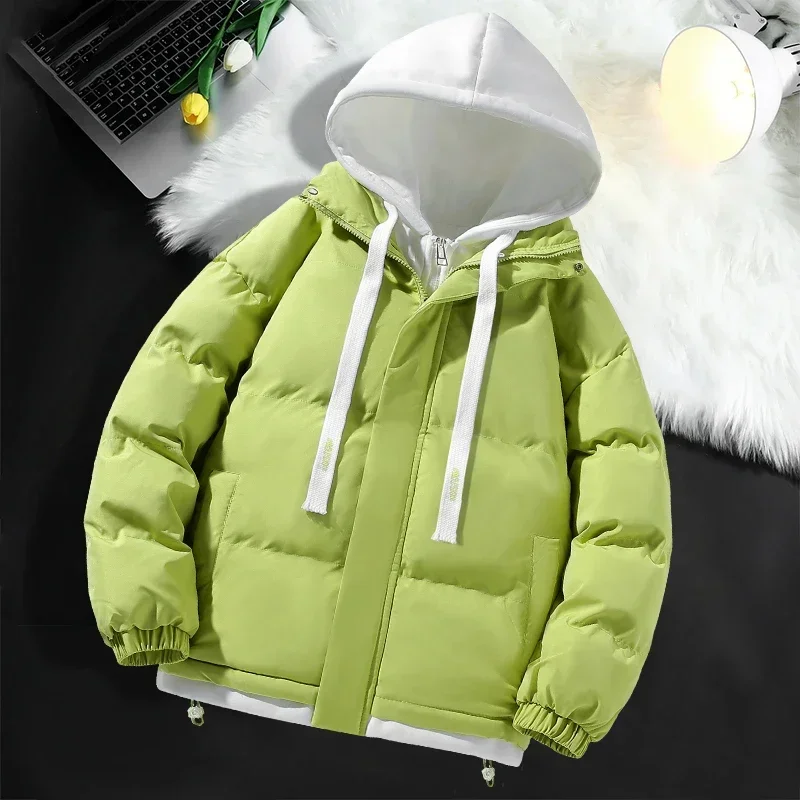 Men Hooded Cotton Coat2024 New Casual Hooded Fake Two-piece Design Down Cotton Warm Parka Korean Style Thick Men\'s Winter Jacket