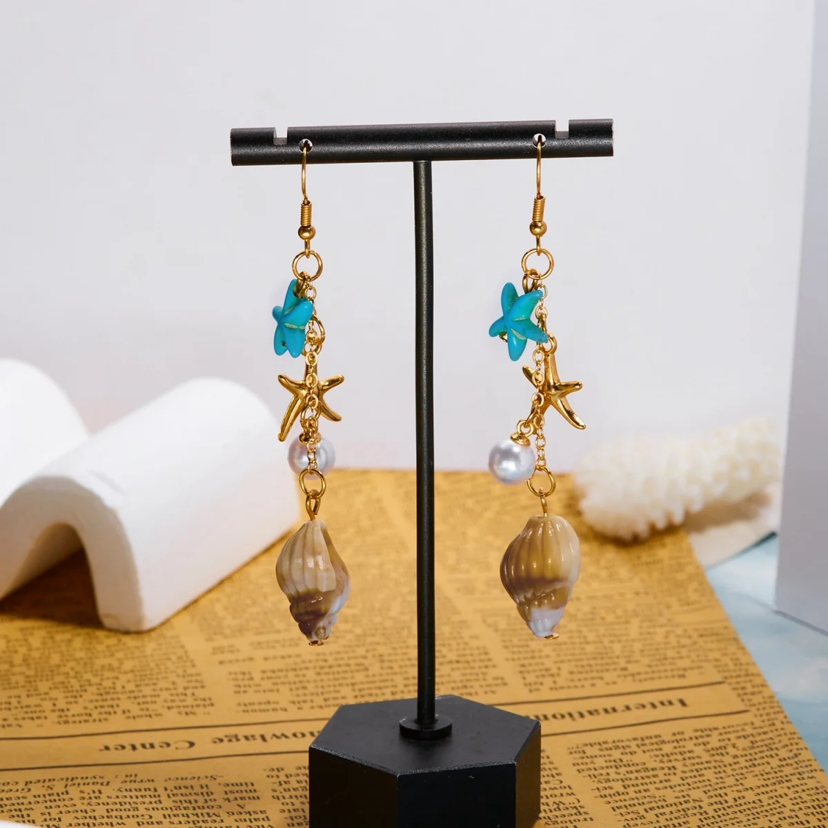 Ozean-Urlaub Seestern Muschel Seepferdchen Imitationsperlen Tropfenohrringe für Damen und Herren Böhmische Muschelohrringe Sommer Strand Schmuck – Detail 25