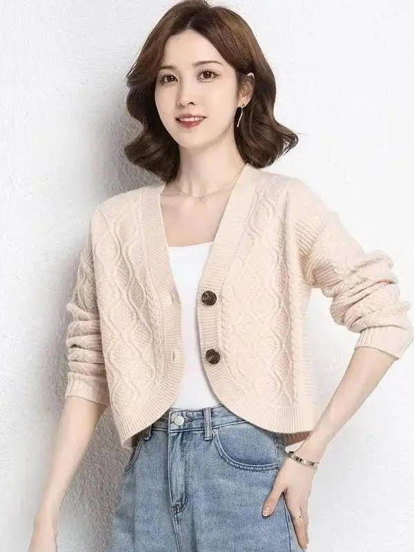 Fashionable Short Open Cardigan Sweater Women's High Waist Spring Autumn Knitted Outerwear Pure Color Casual Style Breathable