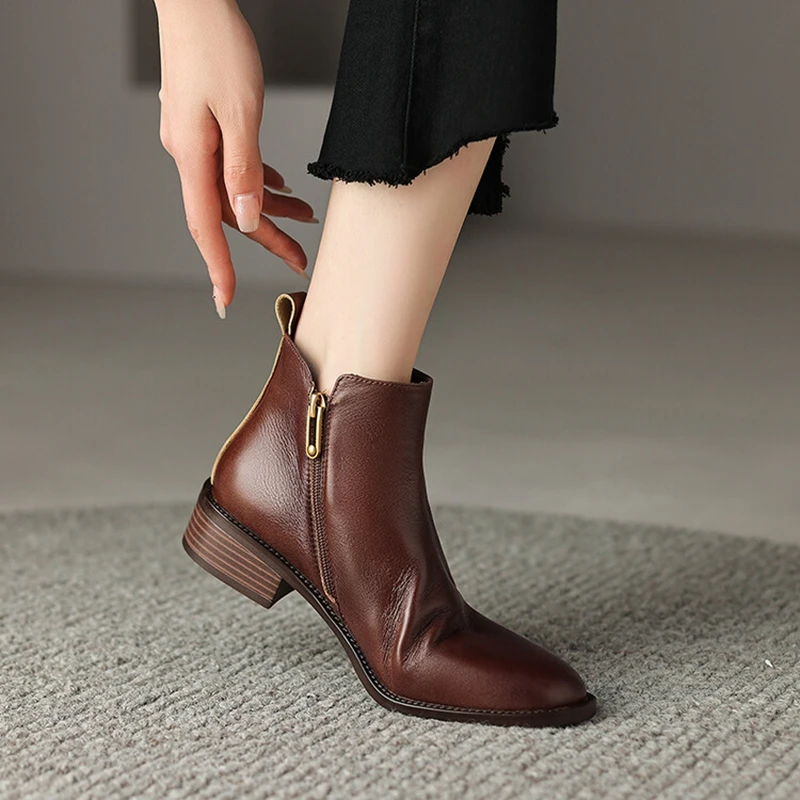 NEW Autumn Women Boots Round Toe Low Heel Boots Women Genuine Leather Shoes for Women Retro Zip Brown Ankle Boots сапоги женские