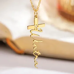 Custom Cross Name Necklace Women Lady Christian Jewelry Stainless Steel Personalized Gold Color Nameplate Pendant Necklace