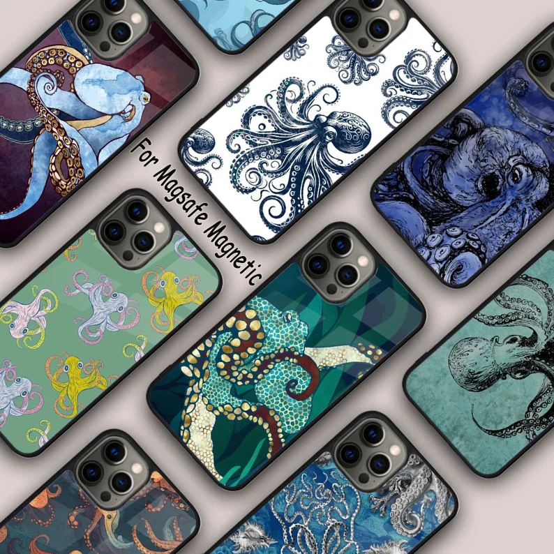 Marine Life Ocean Octopus Magnetic Phone Case For APPLE iPhone 16 14 13 12 11 Pro Max 15 Plus Wireless Charge With MagSafe Cover