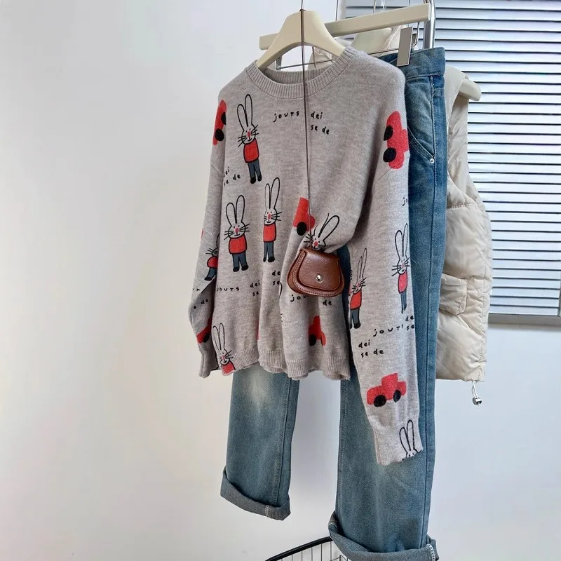 

Autumn Winter Knitted Kawaii Cute Rabbit Cartoon Print Women Sweaters Young Ladies Fashion Pullovers Y2K Sweet Lovely Tops NZ208