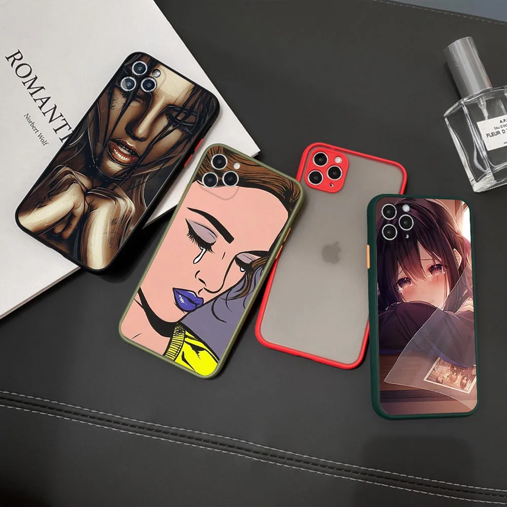 Luxury Crying Cute Sad Girl Cartoon Frosted Translucent Phone case For iPhone 15 14 13 12 11 Pro Max XS SE X XR 7 8 Plus 6 Cover