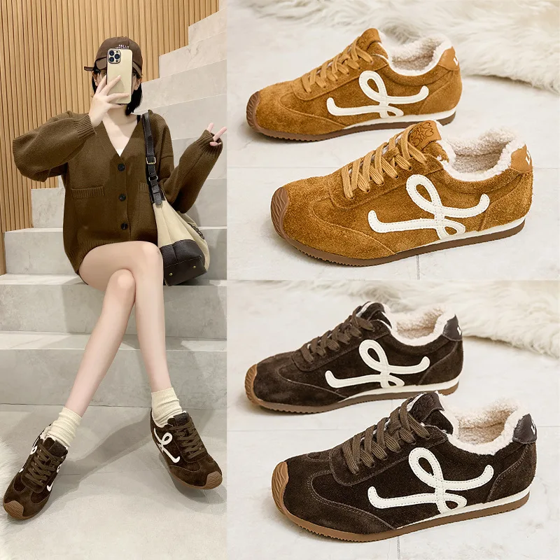 Cowhide Ballerinas Women's New Leather Retro German Training Shoes Flat Lace-up Sneakers Forrest Gump