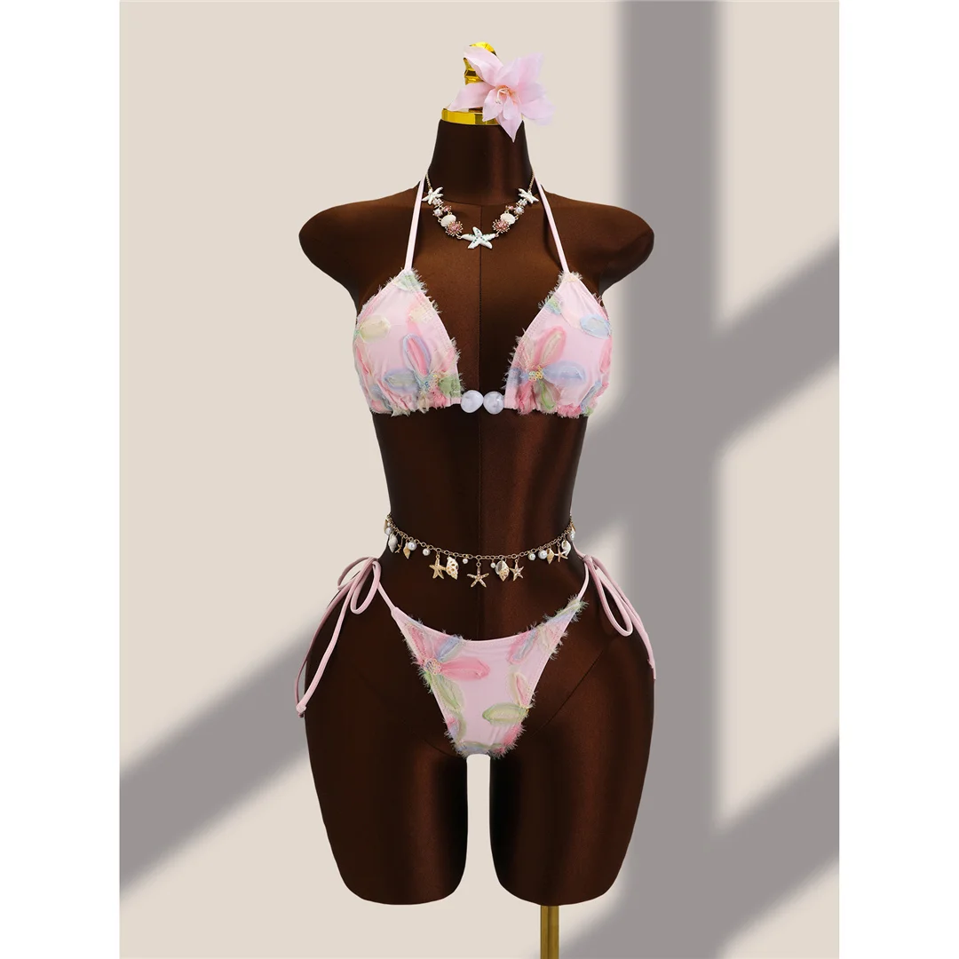 Mit Sarong-Blumenmuster, Neckholder-Bikini, Damen-Badeanzug, dreiteiliges Bikini-Set, Badebekleidung, Badeanzug, Modell V8321. – Detail 6