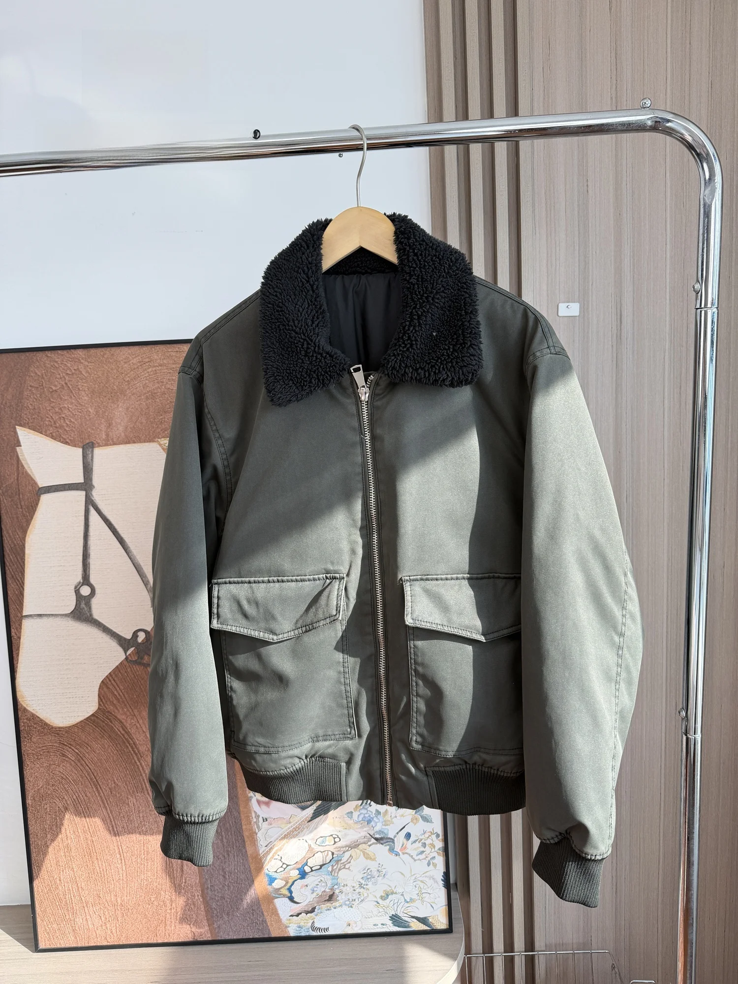 

Sle Lo-In Thermal Cotton Pilot Jaet Men's Faionable Versatile Collared Coat Warm Long Sve Stand Fit