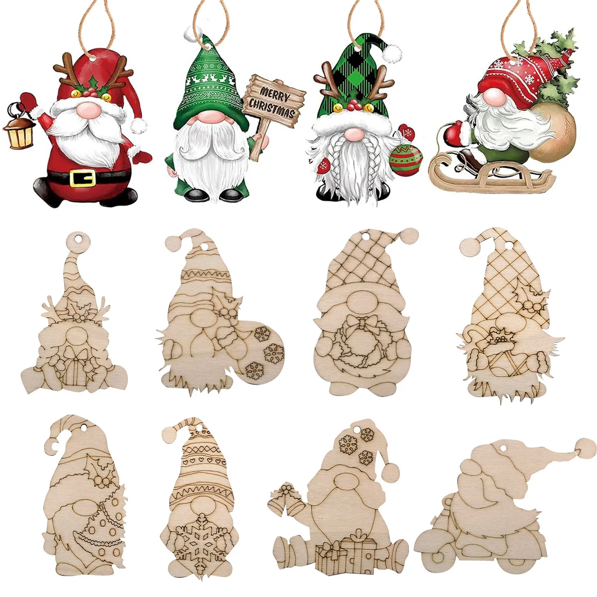 12Pcs Christmas Gnome Wooden Hanging Crafts Multi Santa Ornament For Merry Xmas Party Home Decorations Kids DIY Painting Gifts