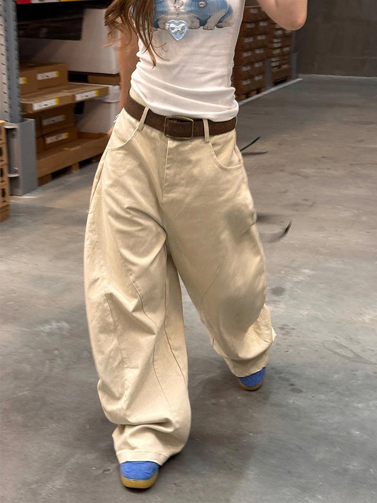 جينز نسائي كاكي عتيق بخصر عالٍ Y2k جينز مطرز فضفاض وواسع الساق موضة خريف 2025 من قماش الدنيم #5