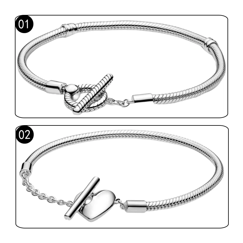 Silver 925 Original Couple Wrist Charm Bracelets For Women Fine Jewelry Snake Chain Double Circle Heart Disc T-Bar Closure Gifts