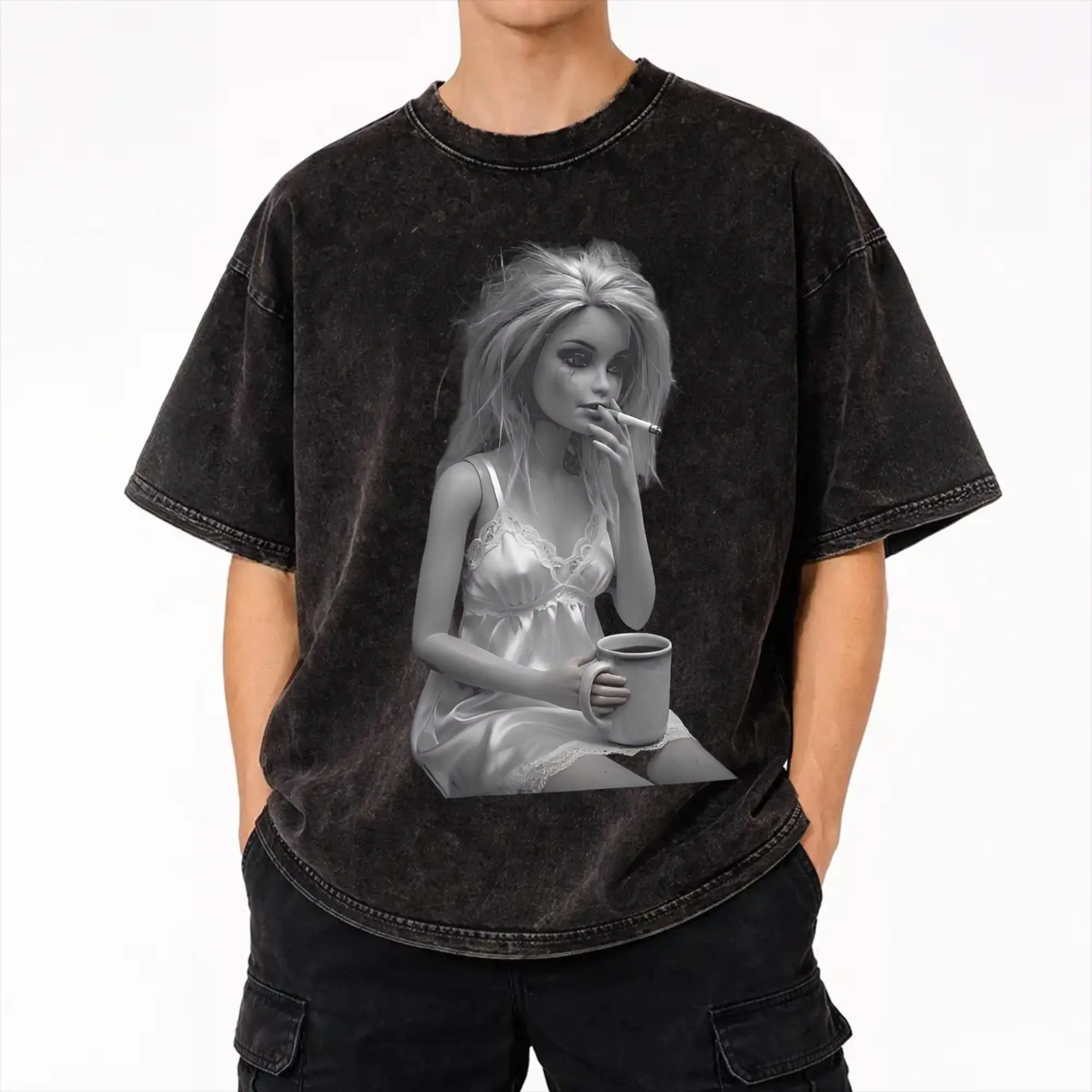 Harajuku Washed Shirts Blonde Doll Disheveled Doll Outfit Novelty T-Shirts Harajuku  Streetwear 100% Cotton Graphic Printed Tees