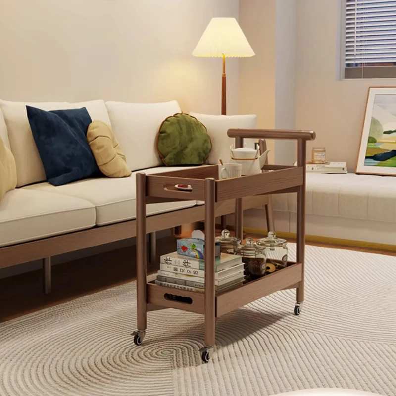 

Solid Wood Double Layer Small Cart, Living Room Sofa Side Cabinet, Coffee Table, Mobile Tea Table, Storage Rack,Nordic Furniture