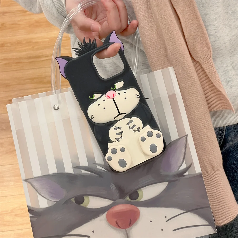 3D Lucifer Cat Disney Cinderella Stretching feet Cover For iPhone 11 12 13 14 15 16 Pro Max Cute Cartoon bracket Case