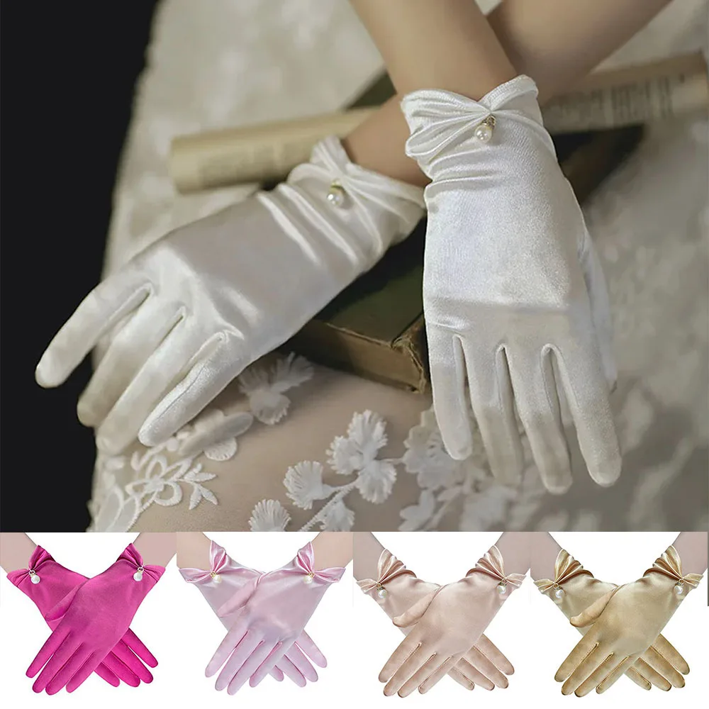 Satin Silk Gloves Bridal Dress Gloves Petal Pearl Bow Mesh Retro Gloves Elegant Multi-color Versatile Photo Wedding Accessories