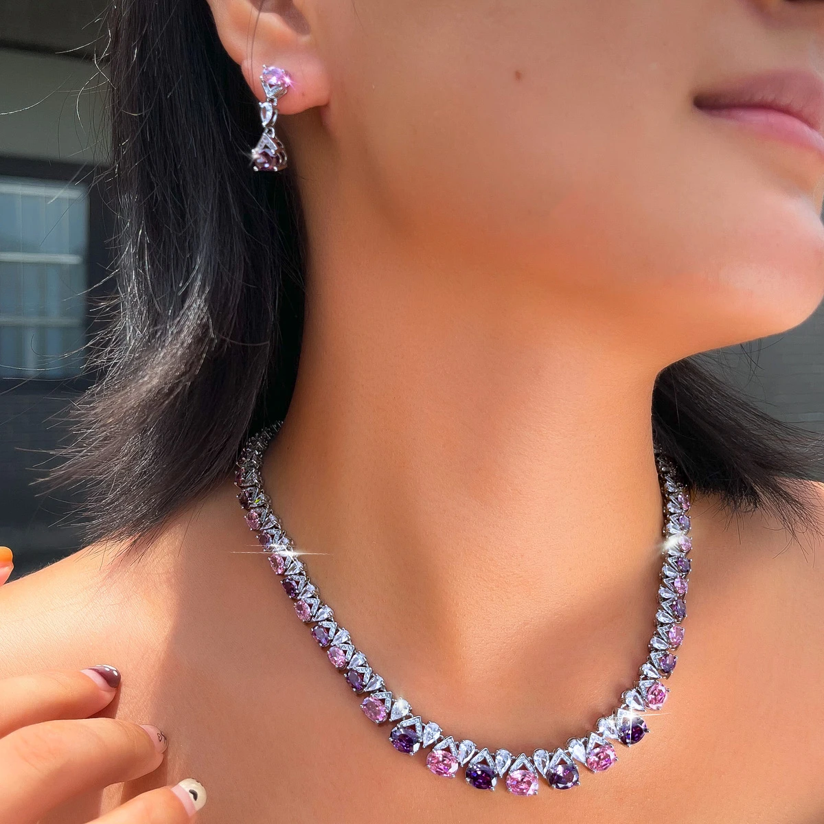 BeaQueen Women's Luxury Pink Purple Cubic Zirconia Necklace Earrings Set Bridal Wedding Crystal Jewelry Gift T1044