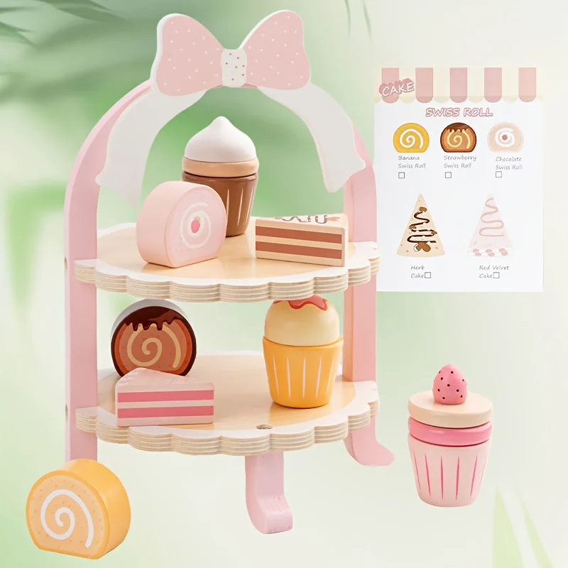 

Kids Wooden Pink Dessert Stand | Danish Style Simulation Cake & Pastry Pretend Play | Preschool Afternoon Tea Toys and Gifts