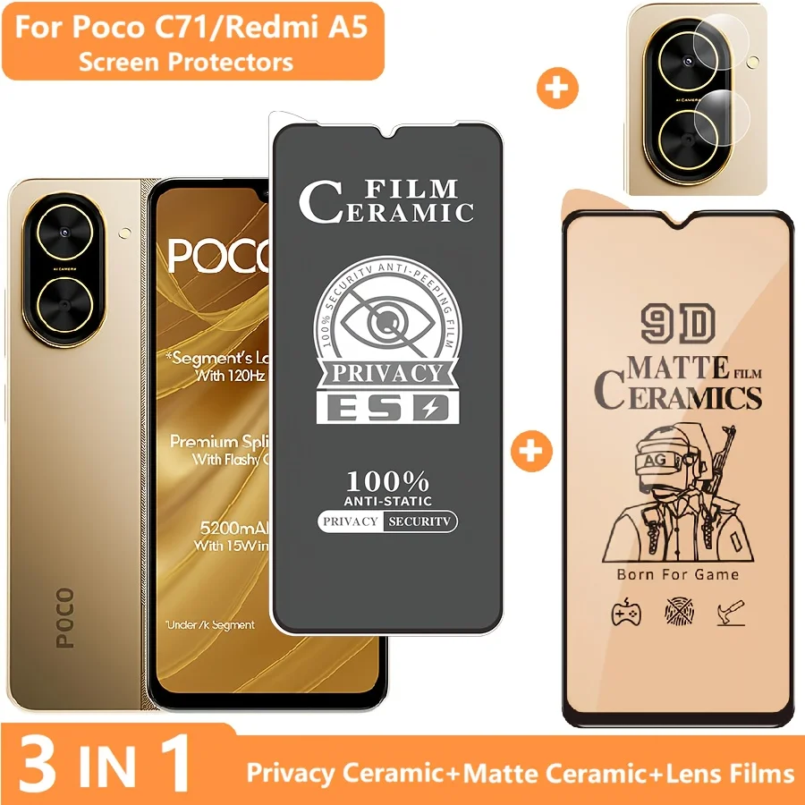 

3-IN-1 for Poco C71 Screen Protector Redmi A5 Tempered Glass Privacy Film +Lens Film + Soft Ceramic Matte Films Anti Scratch