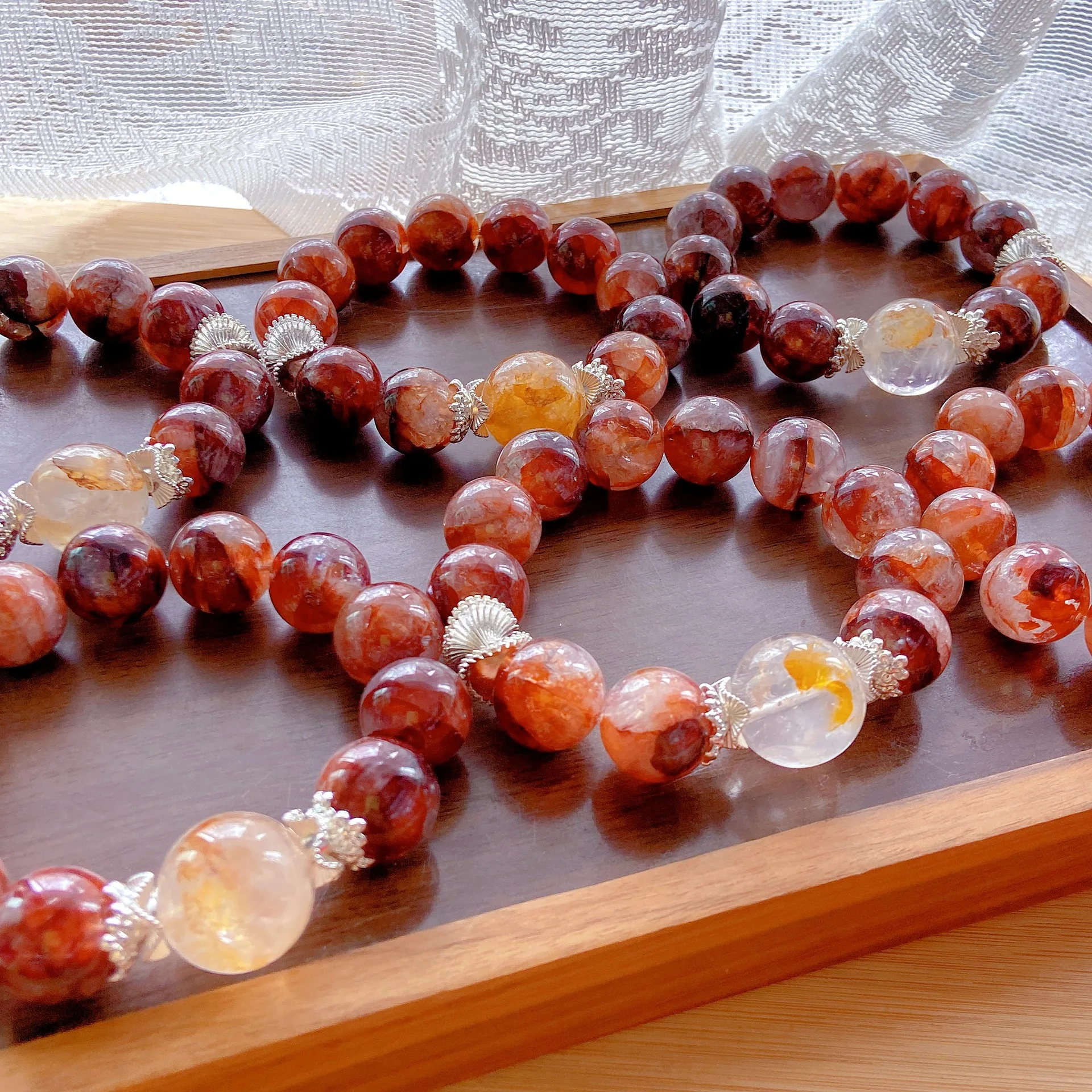 Chinese Style Good Luck Fortune Blessing Natural Red Yellow Hematoid Quartz Bracelet 15mm Large Beads Autumn Winter Healing Posi