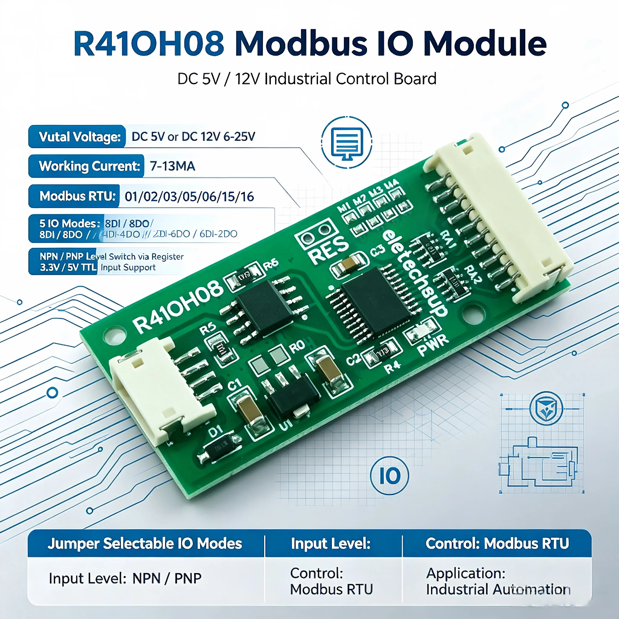 R4IOH08 RS485 Modbus RTU Digital IO Module 8DI 8DO Opto-Isolated Expansion Board for PLC Arduino DC 12V/24V Industrial Automatio