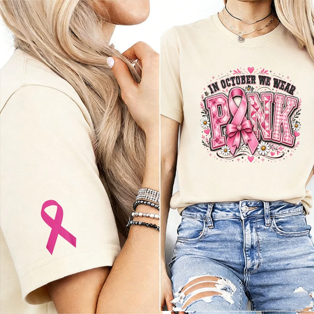 Vintage in October We Wear Pink Plaid Letter Women T-Shirt Simple Pink Ribbon Cuff Print Breast Cancer Support Crew Neck Tee Top