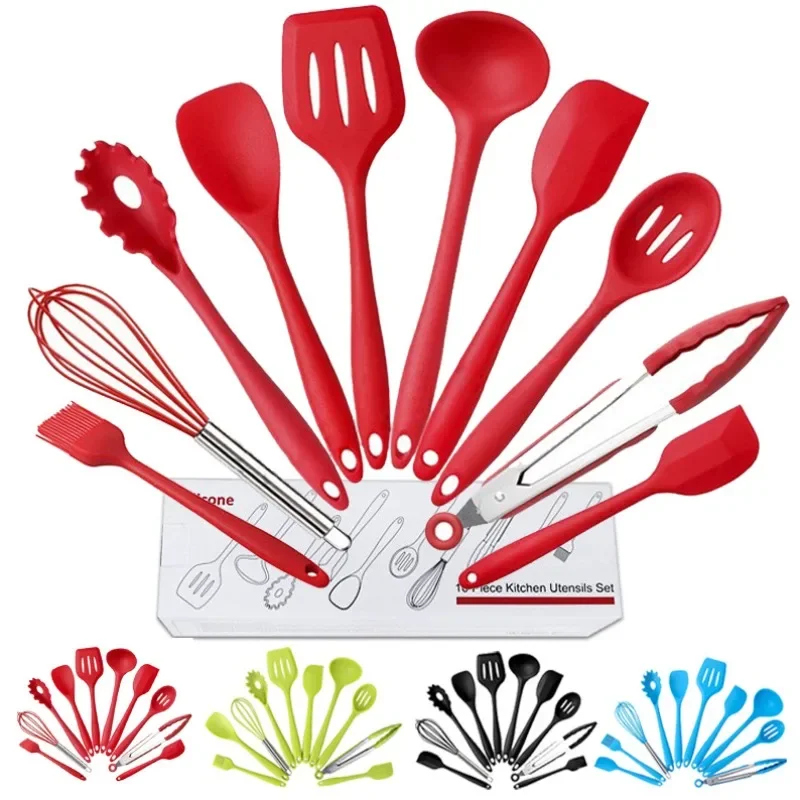 

Kitchen Utensils Cooking Set Includes 10 Pieces Non-stick Cookware Spaghetti Server, Soup Ladle, Slotted Turner, Whisk