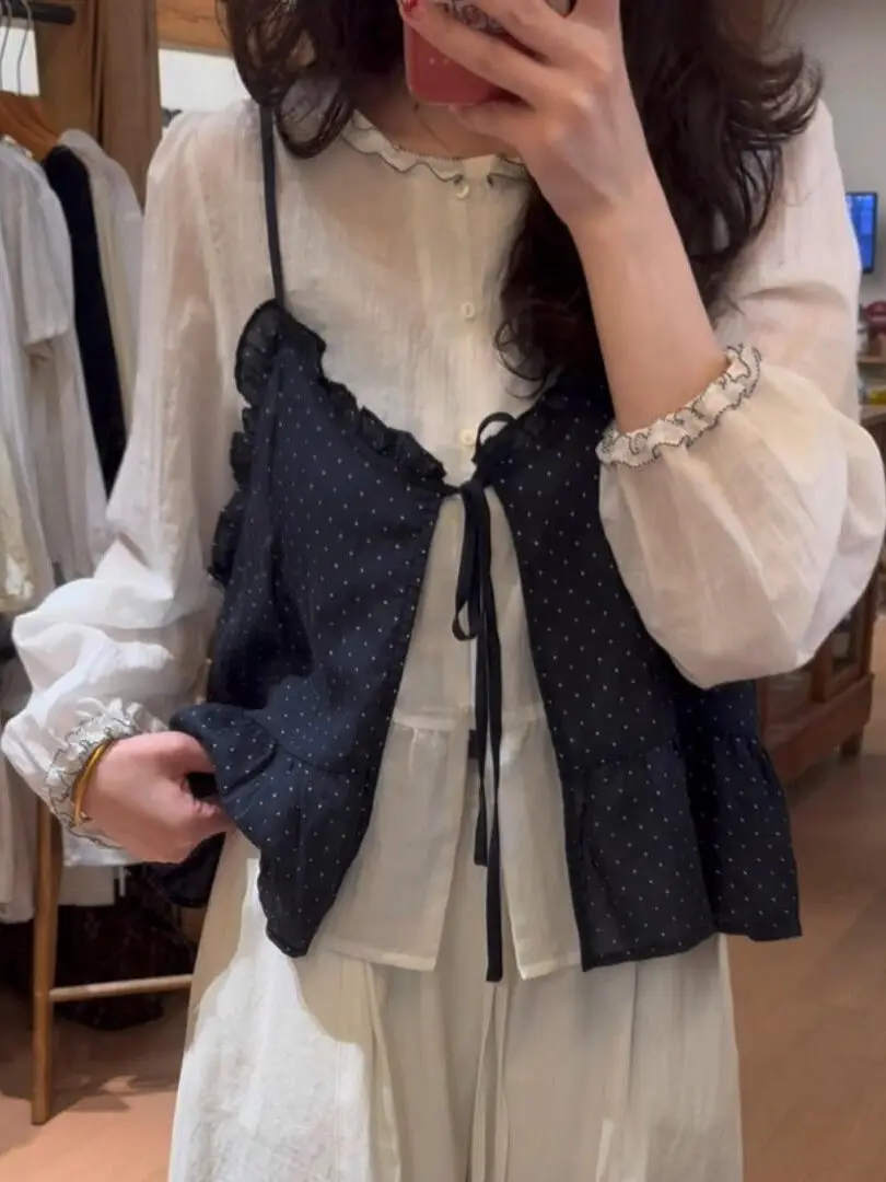 

Женский летний топ в стиле ретро: темно-синий, из хлопка и льна, с длинными рукавами, на пуговицах, с кружевными завязками и в горошек, модный повседневный жилет