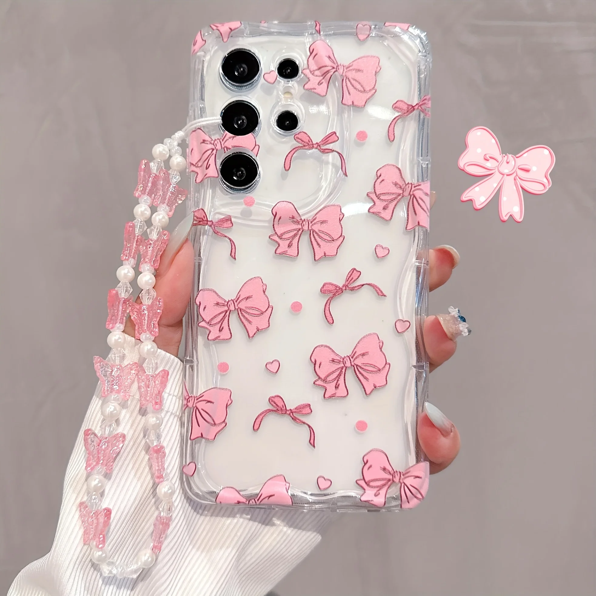 Korean Pink Bow Wrist Strap Phone Case For Samsung Galaxy S26 S24 S25 Ultra Plus A57 A37 A36 A06 A07 A15 A17 A27 Lanyard Cover
