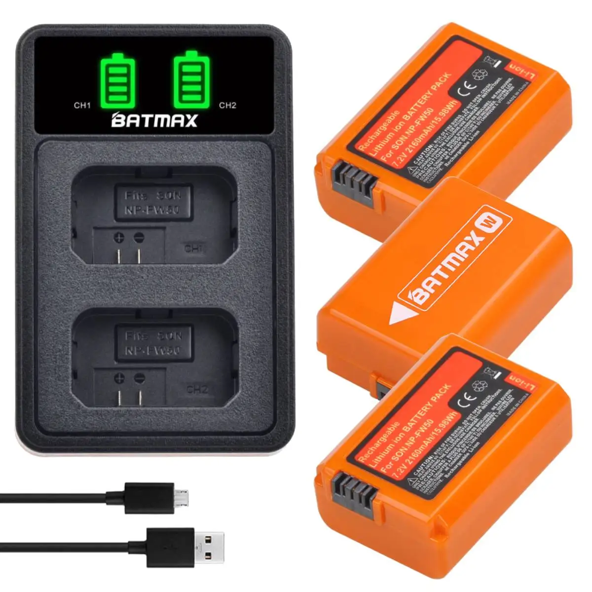 Batmax 2160mAh NP-FW50 NPFW50 Battery +LED Dual Charger for Sony ZVE10 a6500 A6400 A6300 A6000 A5000 A3000 A7 A7II A7RII A7SII