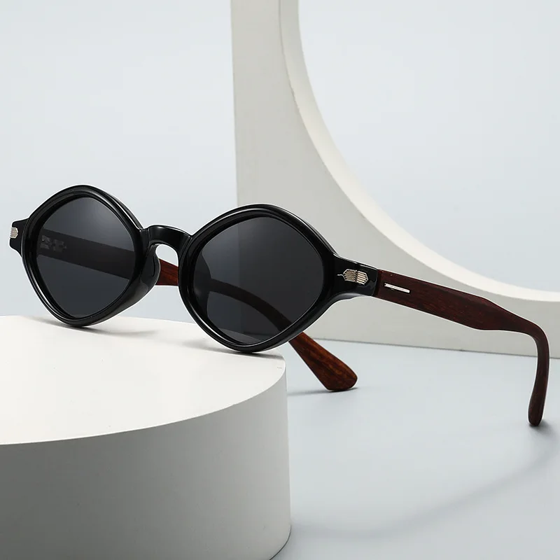 Polarized Oval Sunglasses Men Women, Retro Black Front Frame Wood Grain Temple UV400 Unisex Vintage Driving Sun Glasses