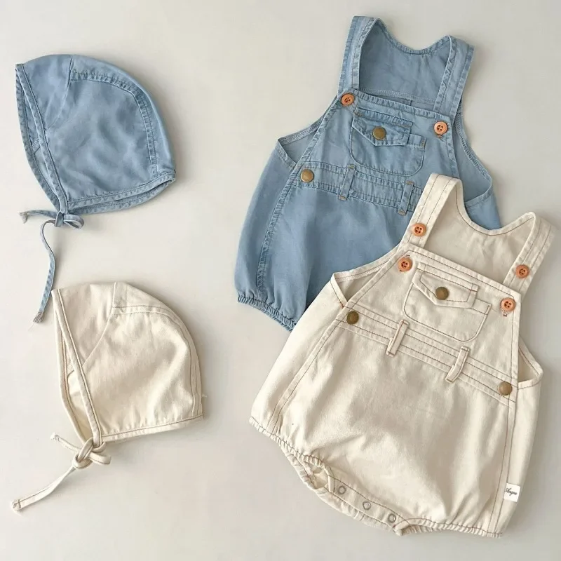 

Spring Summer New Kids Denim Rompers Baby Girls Boys Denim Suspender Bodysuits + Hat 0-3Years Old Cotton Skinny Tees Jumpsuit