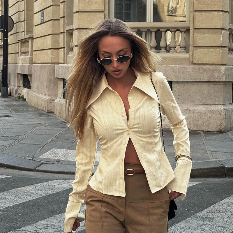 

Women's Shirts 2026 Spring Autumn Striped Top Polo Neck Elegant Casual Long Sleeve Basic Shirt