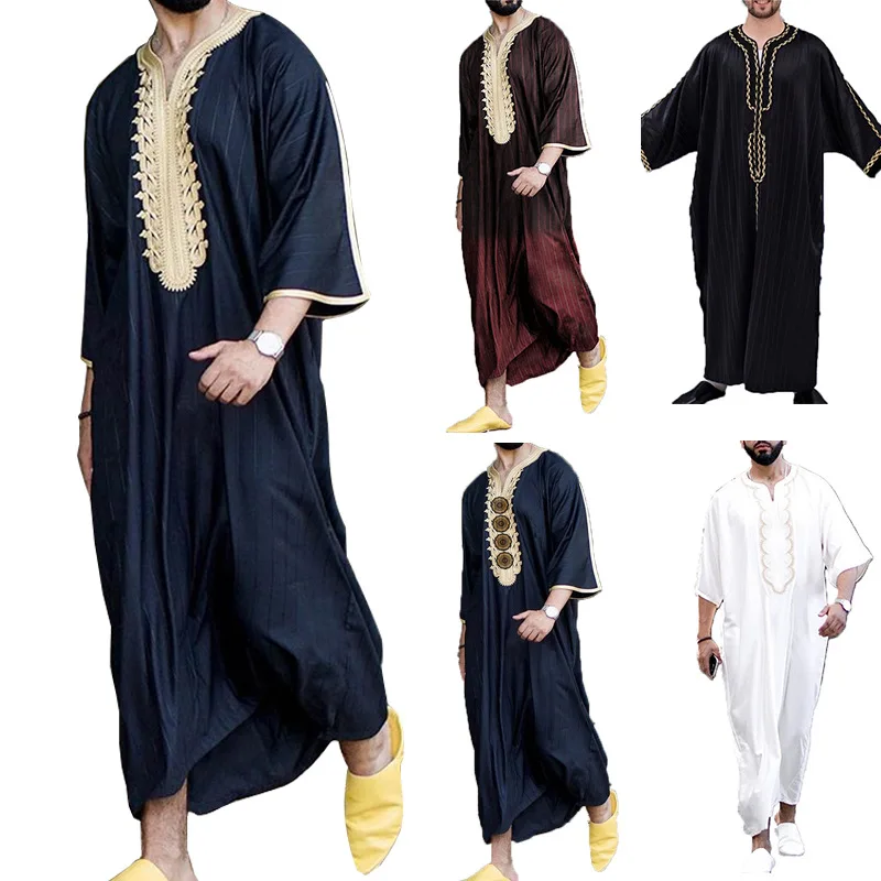 Men Muslim Summer Fashion Loose Robe Islam Kaftan Men Clothing Dubai Luxury Muslim Abaya Muslim V-neck Short Sleeve Printing