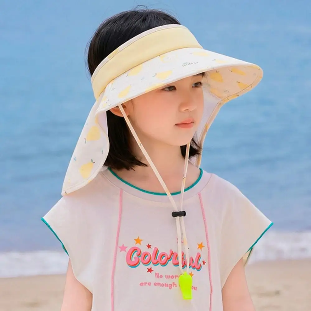 Cute Big Brim Children's Sun Hat Extended Shawl Ice Silk Empty Top Cap Sun Protection Breathable Whistle Sunscreen Hat Spring