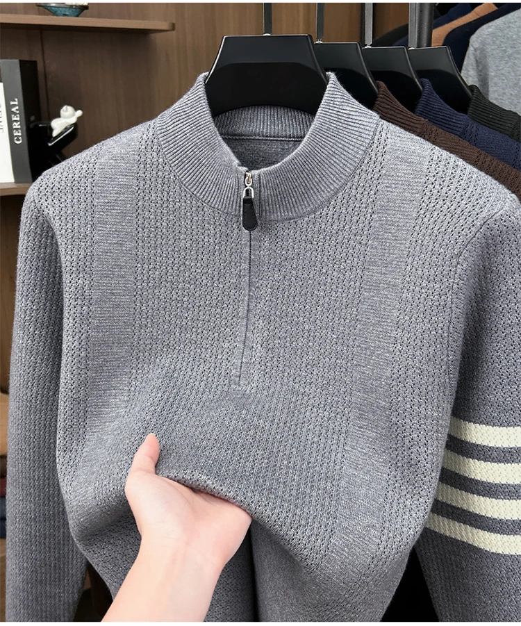 Hochwertige Reißverschluss Kragen Pullover Männer Neue Trend Persönlichkeit Streifen Zipper Herbst Winter Komfort Warm Stricken Sweater – Detail 5
