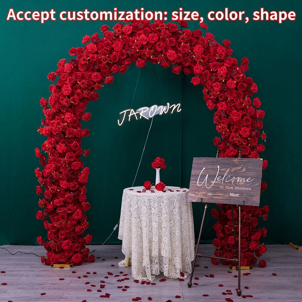 Wedding Arch Flowers Luxury Red Rose Floral Arrangement for Event Party Backdrop Decoration Metal Frame Flower Runner Set