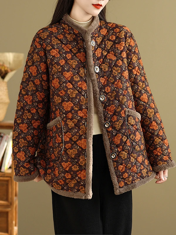 

Warm Fce Lined Stand Collar Printed Top Coat Women's Loose Fit Thermal Outerwear Autumn Winter New Arrival Cotton Jaet