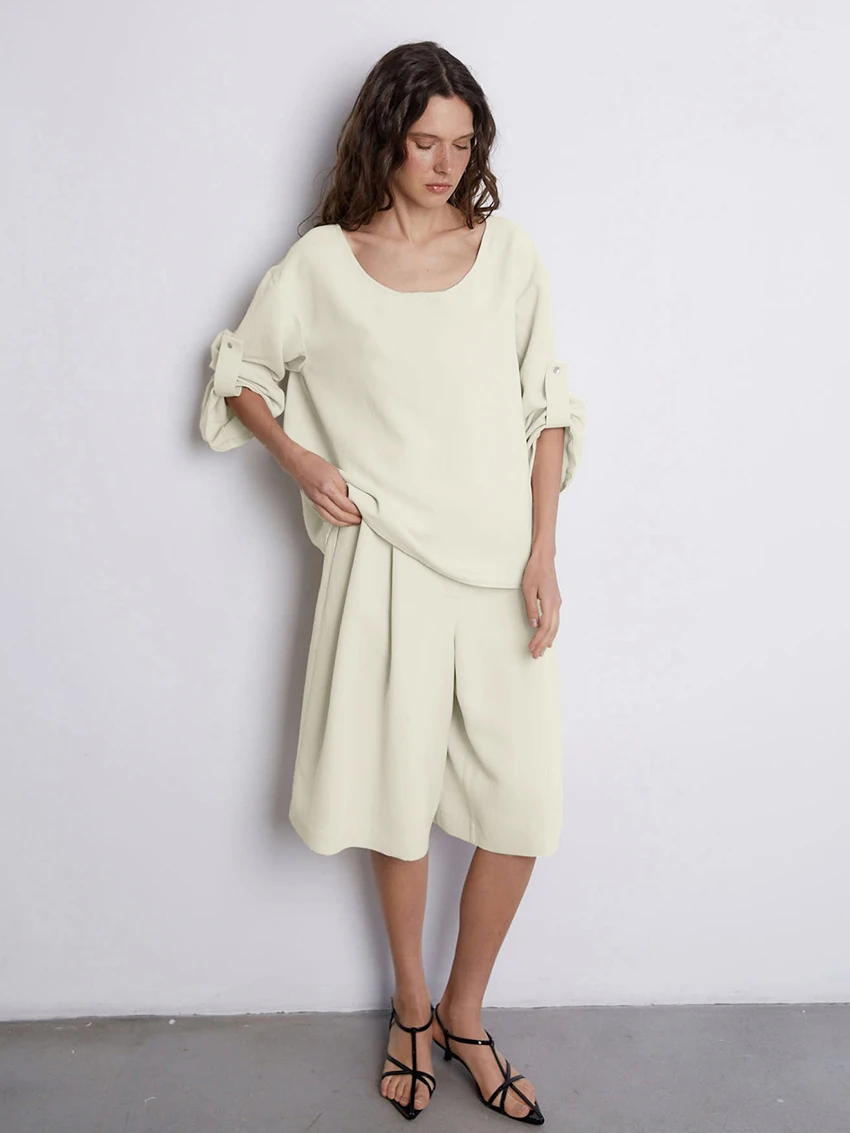 Marthaqiqi Casual Ladies Nightwear Suits Sexy O-Neck Sleepwear Long Sleeve Pajamas Knee Length Shorts Loose Home Clothes Female